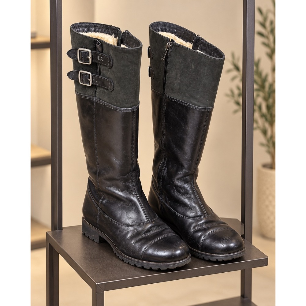 Title: UGG Barolo Tall Black Leather Shearling-Lined Moto Boots Women's 9.5